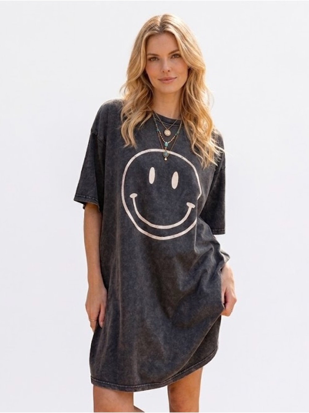 New easel oversize black mineral wash smiley face dress small medium large